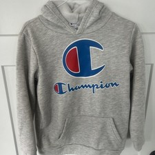 Champion Youth Unisex XL 18 Gray Fleece Hoodie Big Logo Pullover Sweatshirt EUC