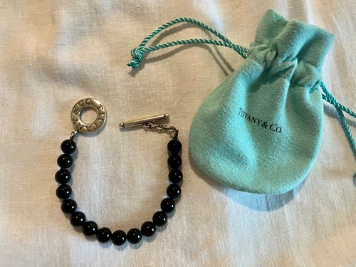 Tiffany & Co. Black Onyx Bead & Sterling Silver Toggle Bracelet w/Tiffany bag