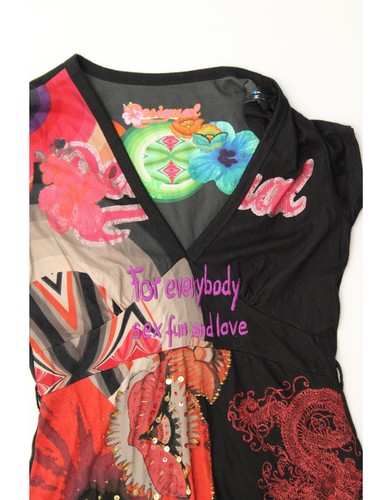 Blusa Top DESIGUAL Mujer Gráfica Reino Unido 12 Mediana Negra Floral Algodón BL02 - Imagen 3 de 3