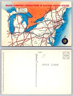 Vintage MAJOR TURNPIKE CONNECTIONS Eastern US Map Postcard Ohio Plastichrome