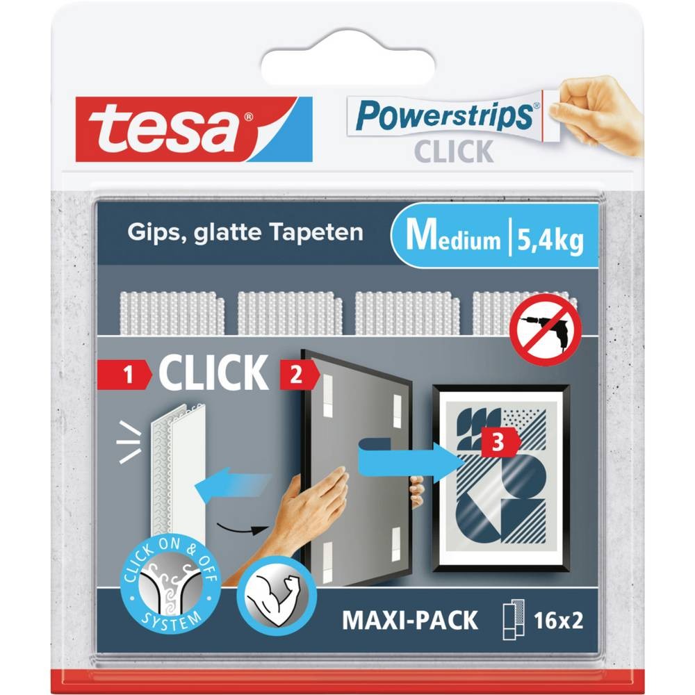 tesa Powerstrips CLICK languettes adhésives 80x20mm pour fixation amovible x16
