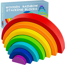 Wooden Rainbow Stacking Toy, Wood Stacker Arch Game, Montessori Arch Bridge Rain