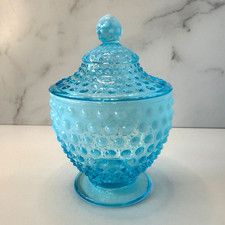    Fenton Blue Opalescent Hobnail Covered Candy Dish 3980 7" Vintage 1941-1954