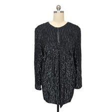 Laurence Kazar Vintage Black Silk Beaded Sequin Evening Jacket Womens Size Large
