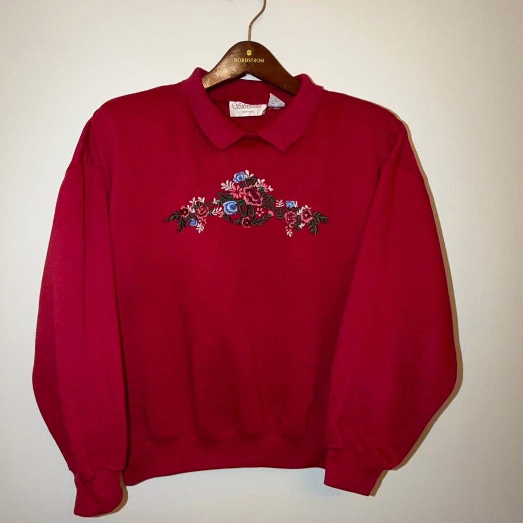 Vtg PL Silvercord Floral Embroidered Double Collar Cottage Grandma Sweatshirt