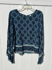 Roper Womens Top Blue Geometric Flare Sleeve Sz Large Western Cropped
