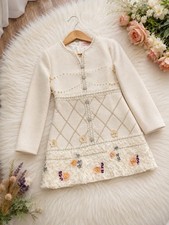 Vestido Elegante Color Marfil Con Perlas Y Flores 3D Estilo Boutique Size M