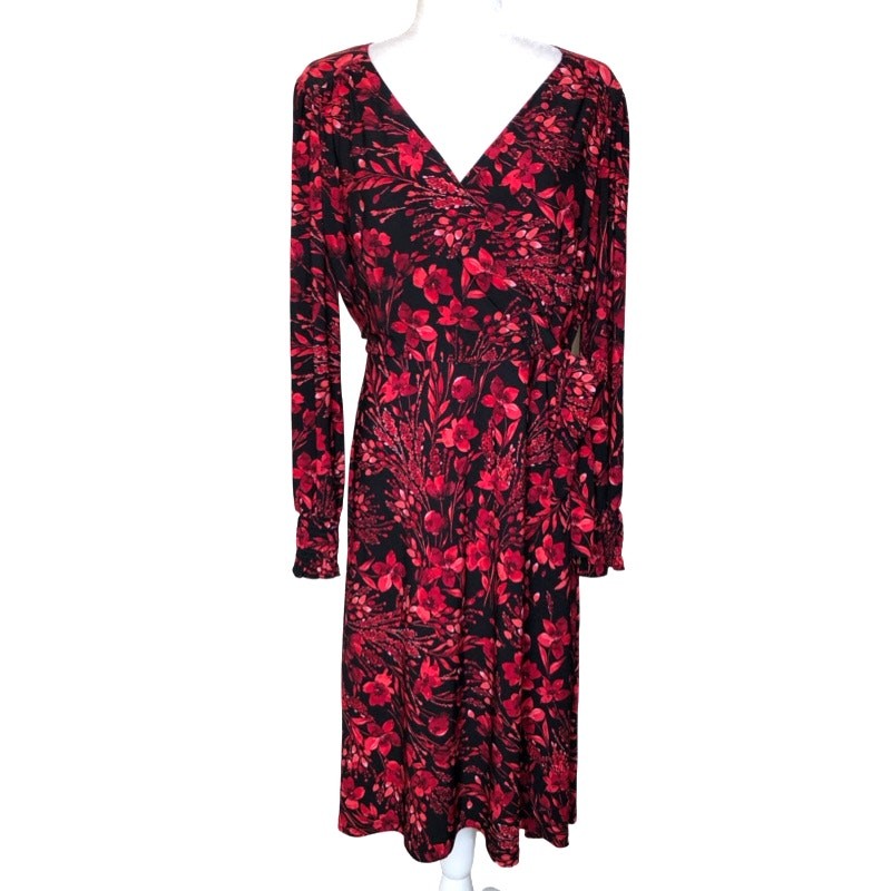 Tommy Hilfiger Floral Wrap Midi Dress Long Sleeve V-Neck Red Black Elegant