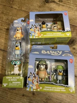 Bluey Figur Packs X3 enthält Tierkostüme & Angeln mit Opa Sets Neu
