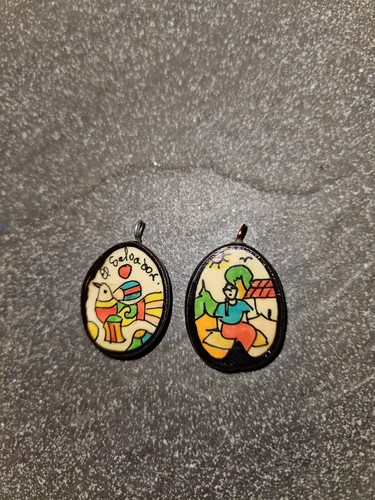 Unusual Pair Of Wooden Salvador Handpainted Pendant Charms Rare To Find