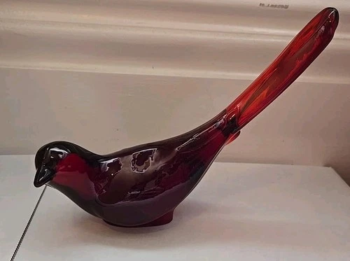 Vintage Fenton* Ruby Red/Ambernina Glass Long Tailed Bird Figurine Marked