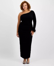 City Studios Women's Plus Size One-Shoulder Feather-Cuff Gown Dress Black 18W