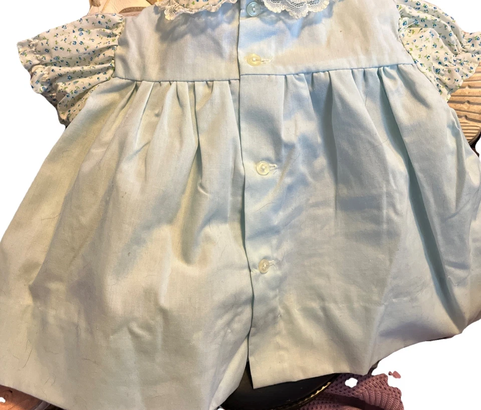 Vintage Cradle Togs Baby Girl 0-3 M Dress Short Sleeve Blue Floral lace Kitten - Image 2 of 3