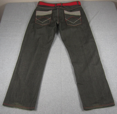 Red Ape Baggy Jeans Mens 38x31 (36x31) Gray Red Stitch Y2K Hip Hop Belted Denim