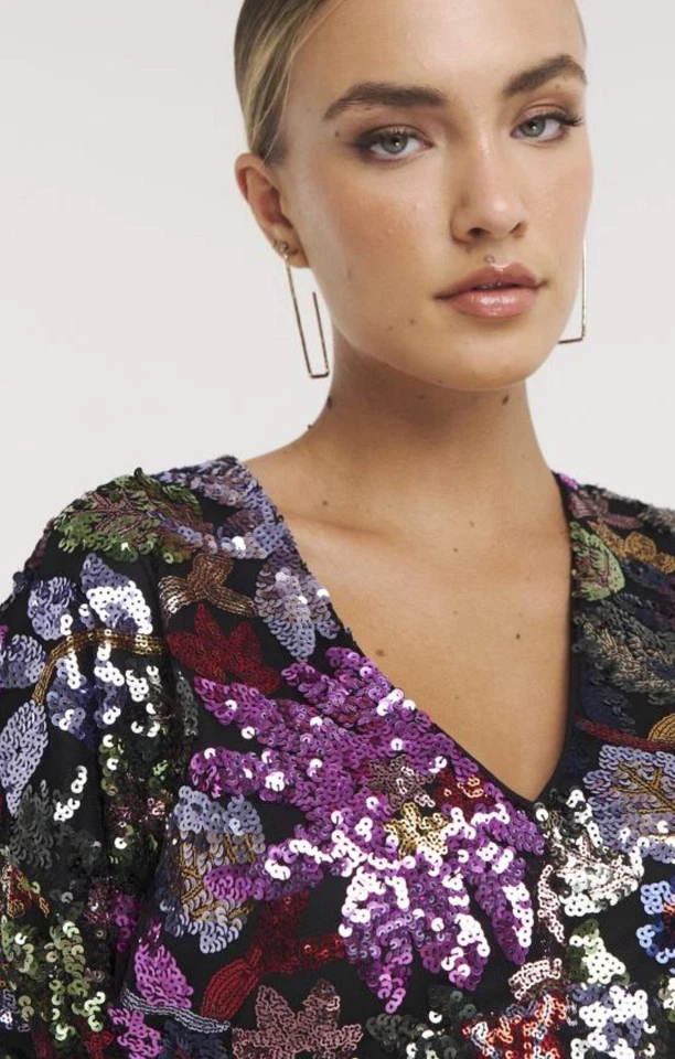 Simply Be Womens Black Floral Print Mini Dress V-Neck Sequin RRP £130 - Image 2 of 4