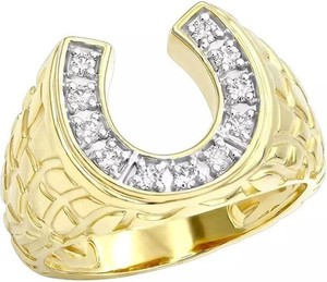 Authentic 925 Silver Good Luck Men's 14K Yellow Gold Plated Nugget Horseshoe Diamond Ring