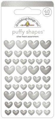 3er Pack - Doodlebug Puffy Aufkleber - Silber Herz, Hello Again - DB8217