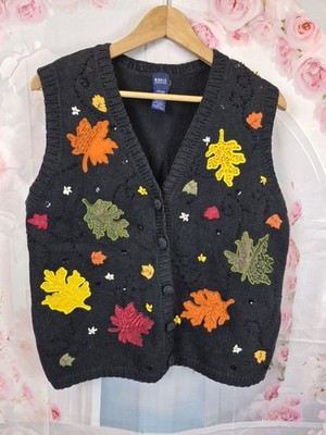 Vintage Basic Edition Autumn Leaf Beaded Knit Vest Top Black L Teacher Herbst