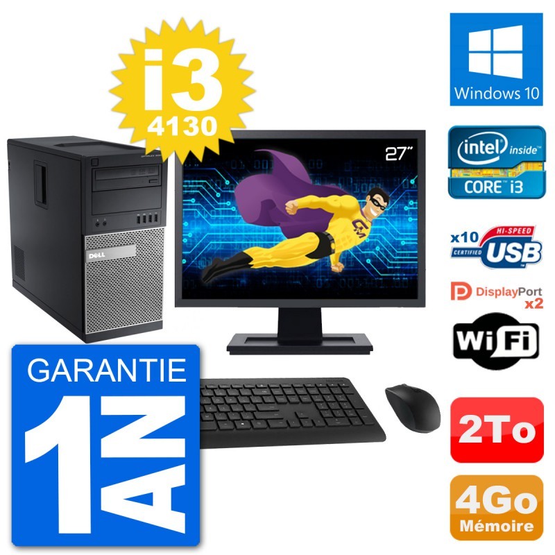 PC Tour Dell 9020 Ecran 27" Intel i3-4130 RAM 4Go Disque 2To Windows 10 Wifi