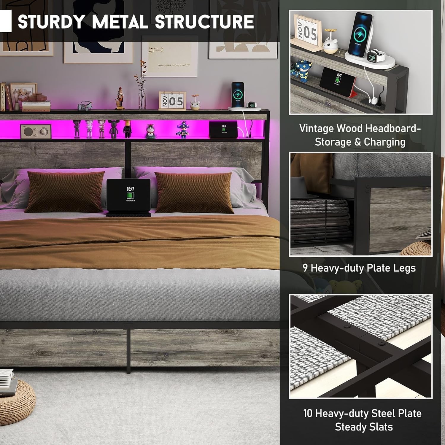 4 Storage Drawers Bed frame Metal Platform with Headboard,LED Light, Charging US