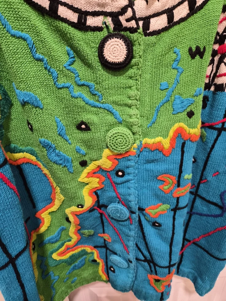 Micheal Simon Women's Sweater Size M Blue Multi-Color Embroidered World Map - Image 3 of 4