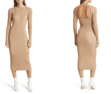 NEW Vero Moda Will Open Back Ribbed Midi Sweater Dress Women's Tan Size Medium