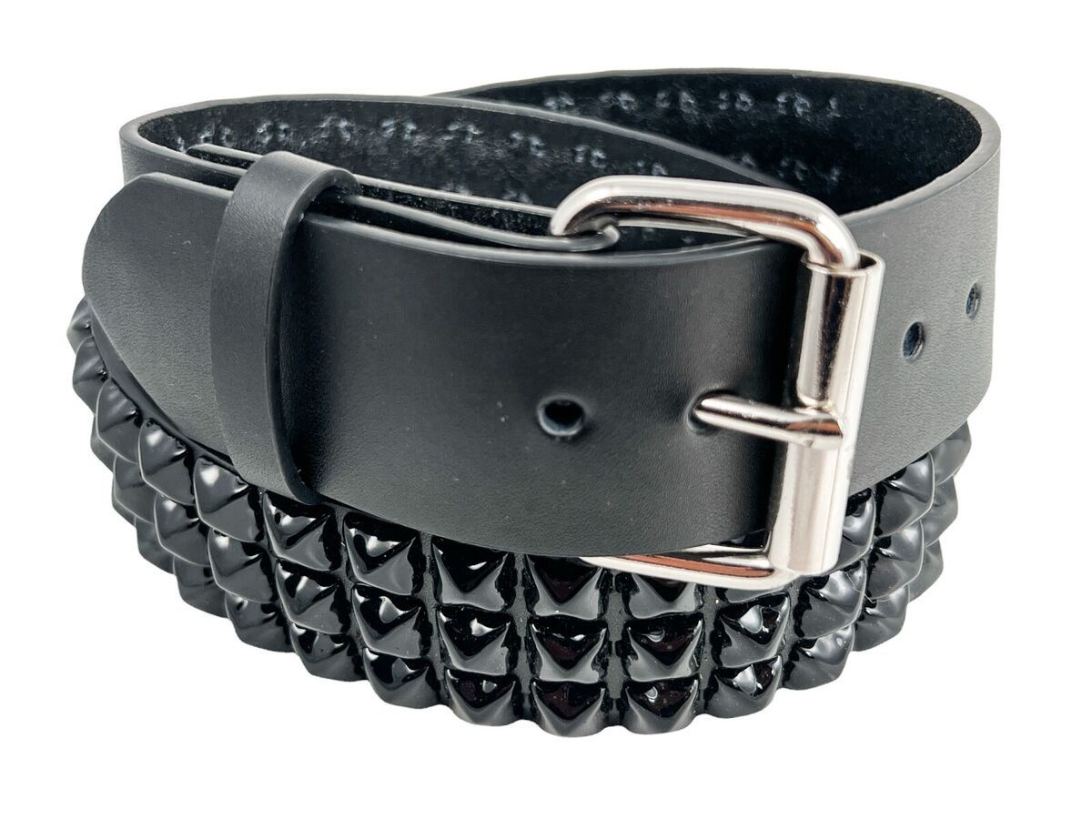 Black Pyramid Stud Belt Genuine Leather Three Row Rock Goth