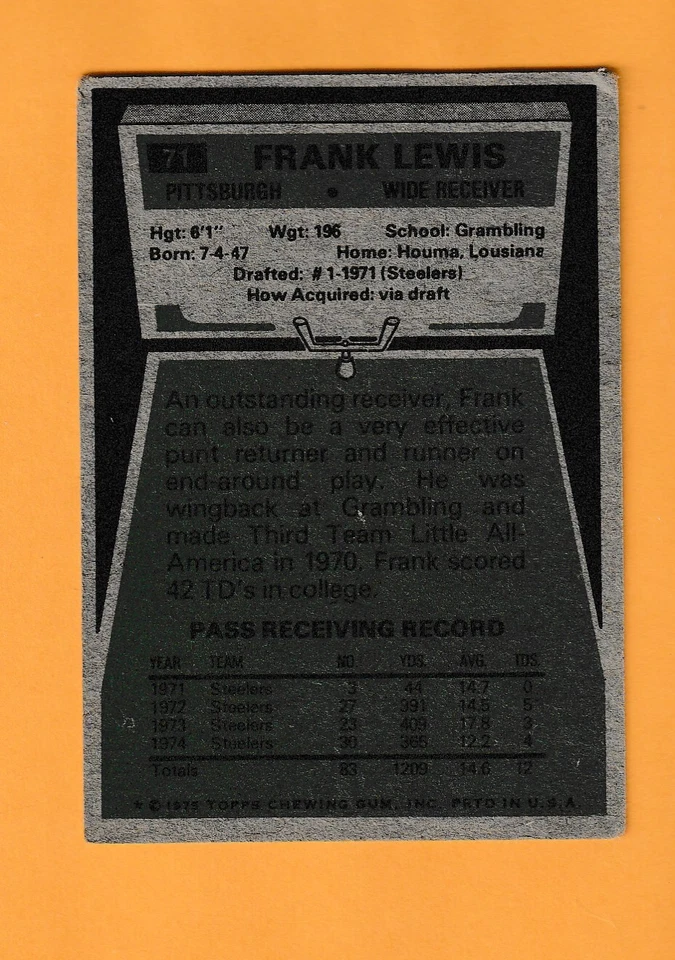 Frank Lewis Pittsburgh Steelers AUTO Signed 1975 Topps Grambling State 1Y - Image 2 of 2