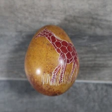 VTG Hand Painted Giraffe on Stone Egg African Savanna Scene Colorful Gift