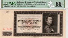 Bohemia & Moravia 1942 500 Korun PMG Certified Banknote UNC 66 EPQ TOP POP 12a