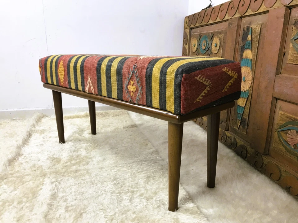 Handmade Kilim Upholstered Ottoman Footstool Piano Entryway Bedroom Bench - Image 2 of 4