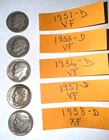 High Grade- 5 Roosevelt Dimes:  1951, 1952, 1956, 1957, 1958, all Ds. lot # 122