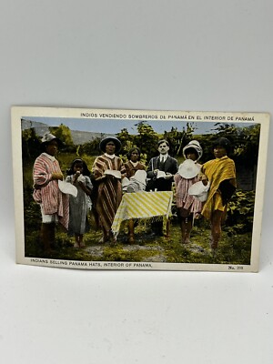 Postcard Panama native Panamanians Indians women children Selling Hats Interior