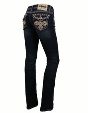 LA Idol Women Bootcut Jeans Crystal Leather Cross Flap Pocket Stretch in Blue