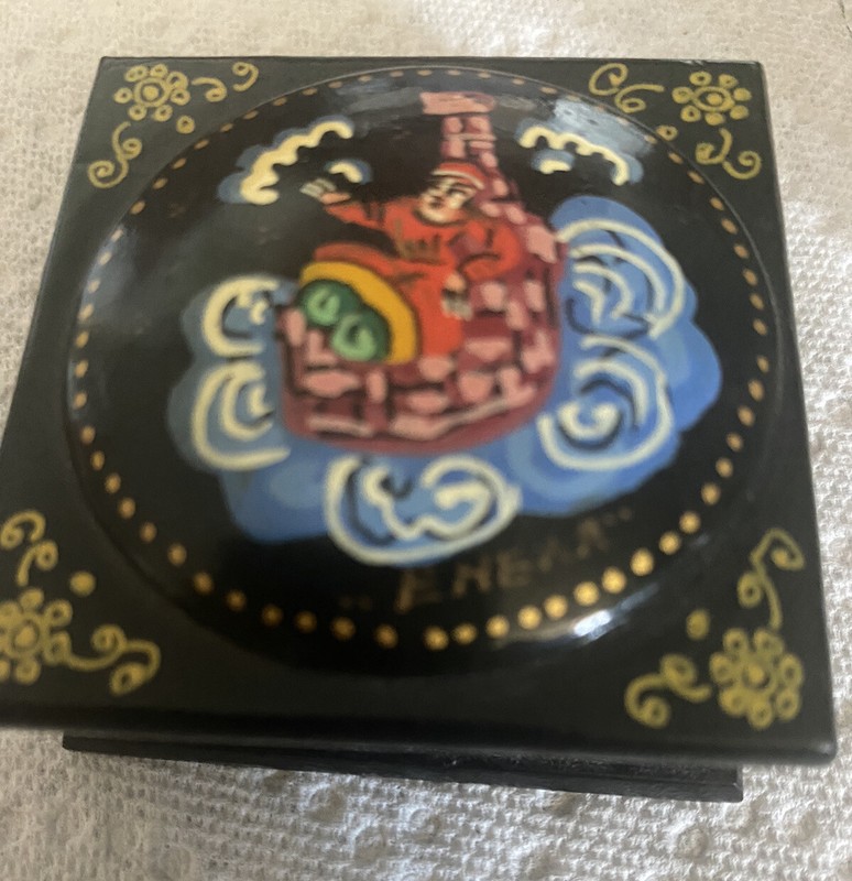 Small Russian Hand-Painted Lacquer Box w/ Santa on Sleigh, 2.25 square- Signed