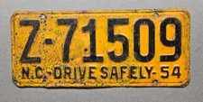 🐾 1954 NORTH CAROLINA "PASSENGER" LICENSE PLATE (Z-71509) RARE "Z" SERIES