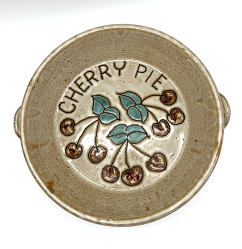 Handmade Art Pottery Cherry Pie Plate w Handles 10" Diameter - Picture 3 of 7