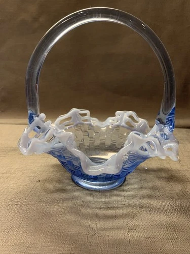Vintage Fenton Provincial Blue Opalescent Woven Open Crimped Edge Basket 1980s