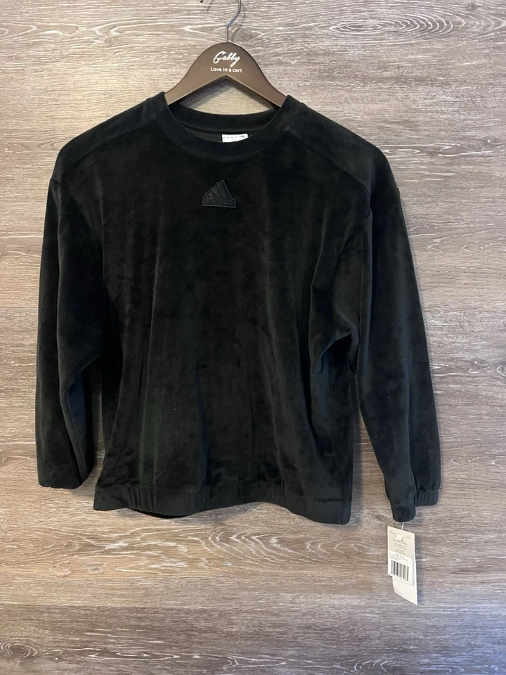 GIRLS ADIDAS Velour Crop SWEATSHIRT TOP BLACK Sz 14 Youth Large NEW - Image 2 of 4