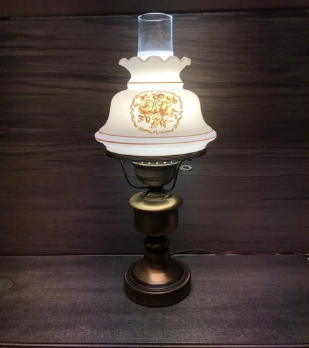 Vintage MCM Brass Hurricane Lamp With Milk Glass floral Ruffle Shade And Chimney