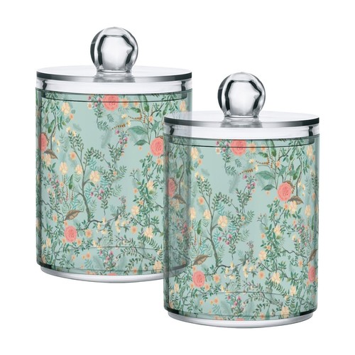 Paquete de 2 dispensadores Qtip vintage florales verdes para bola de algodón, hisopo, almohadillas...