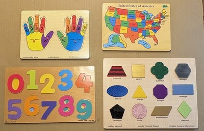 Lot of 4 Colorful Wood Jigsaw Puzzles - Numbers, Shapes, USA - Melissa & Doug