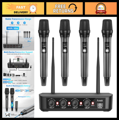 Wireless Microphone System - 4 Dynamic Handheld Mics, 262ft Range, 40-Hour Batte