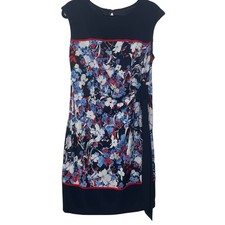 R&K Shift Dress Cap Sleeveless Floral Side Tie Round Neck Stretch Multicolor L