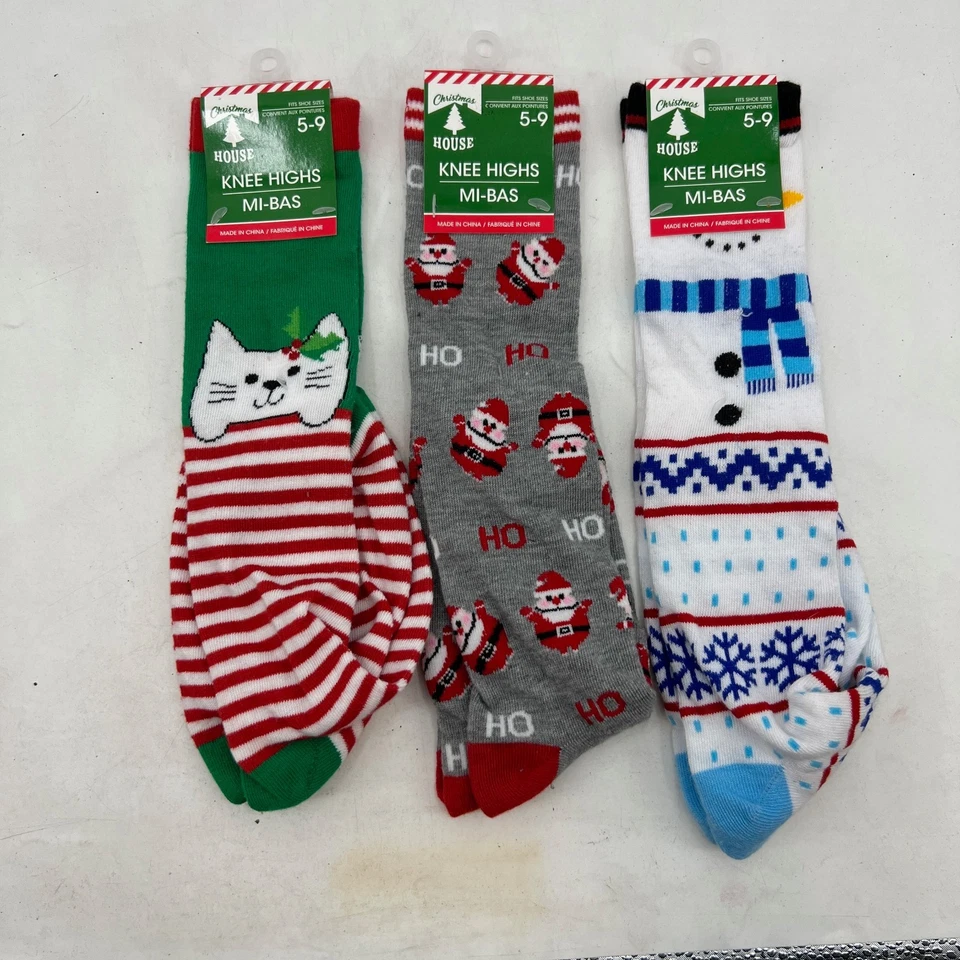 Calcetines Casa Navidad Mujer 5-9 Hasta la Rodilla Papá Noel Ho-Ho-Ho Vacaciones 3 Pares Foto 2 de 4
