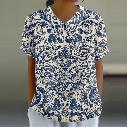 Damen Puppenkragen Hemd Baumwolle Leinen Blumenmuster Peter Pan Kragen Ärmel Shirts - Bild 40 von 56