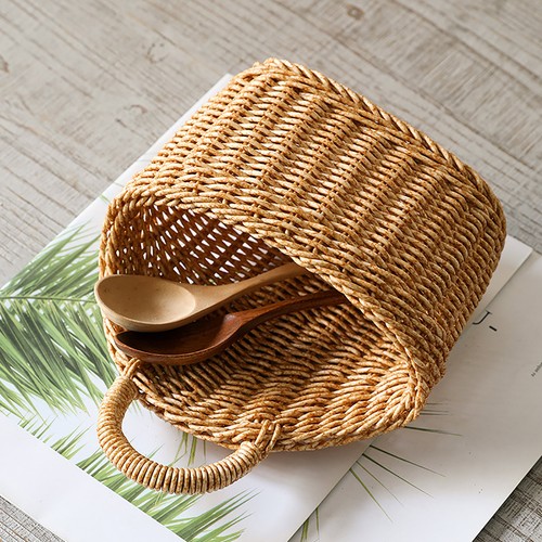 1x Hanging Woven Flower Storage Basket Wall-Mounted Wicker Organizer Home Decor - Picture 6 of 14