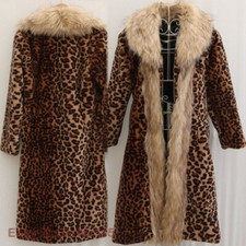 Womens Leopard Winter Thicken Warm Jacket Long Faux Fur Collar Trench Coat Parka