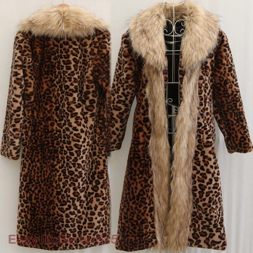 Womens Leopard Winter Thicken Warm Jacket Long Faux Fur Collar Trench Coat Parka