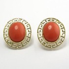 Solid Yellow Gold Oval Coral Greek Key Earrings #E957 10K — photo 1